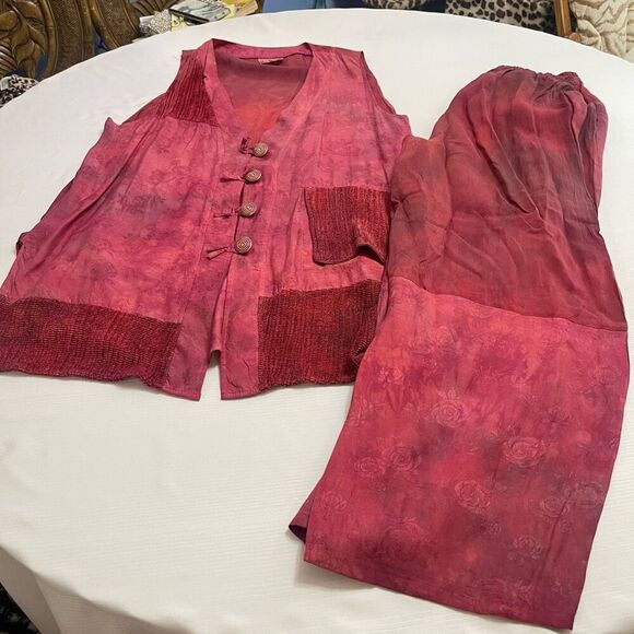 URU Hand Dyed Red Silk Boho Art To Wear Oversized 2 Piece Pant Set One Size - Picture 1 of 14
